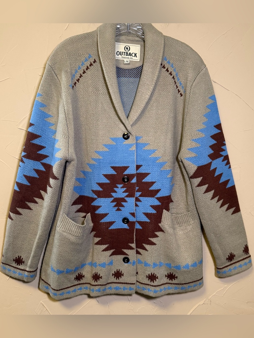 Outback Trading Co Willa Aztec Pattern Cardigan L XL Grey Southwestern Shawl